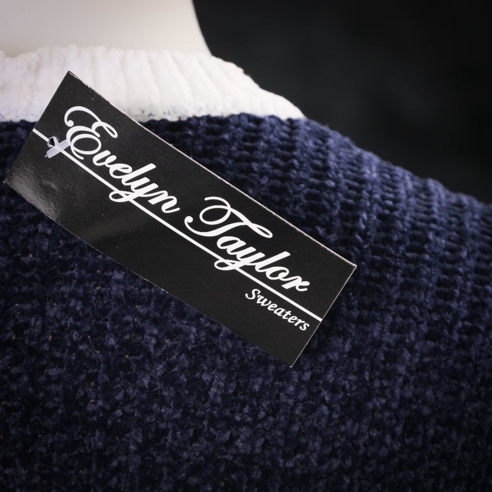 NWT Evelyn Taylor | Mustard & Navy Stripe Chenille Sweater - M - Picture 6 of 9